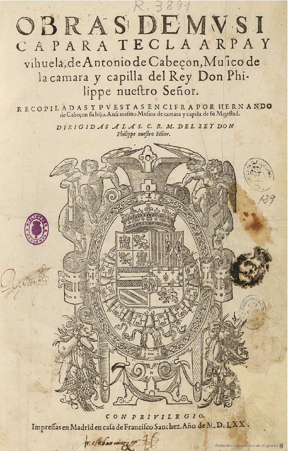 Title page of the Obras de música, 1578