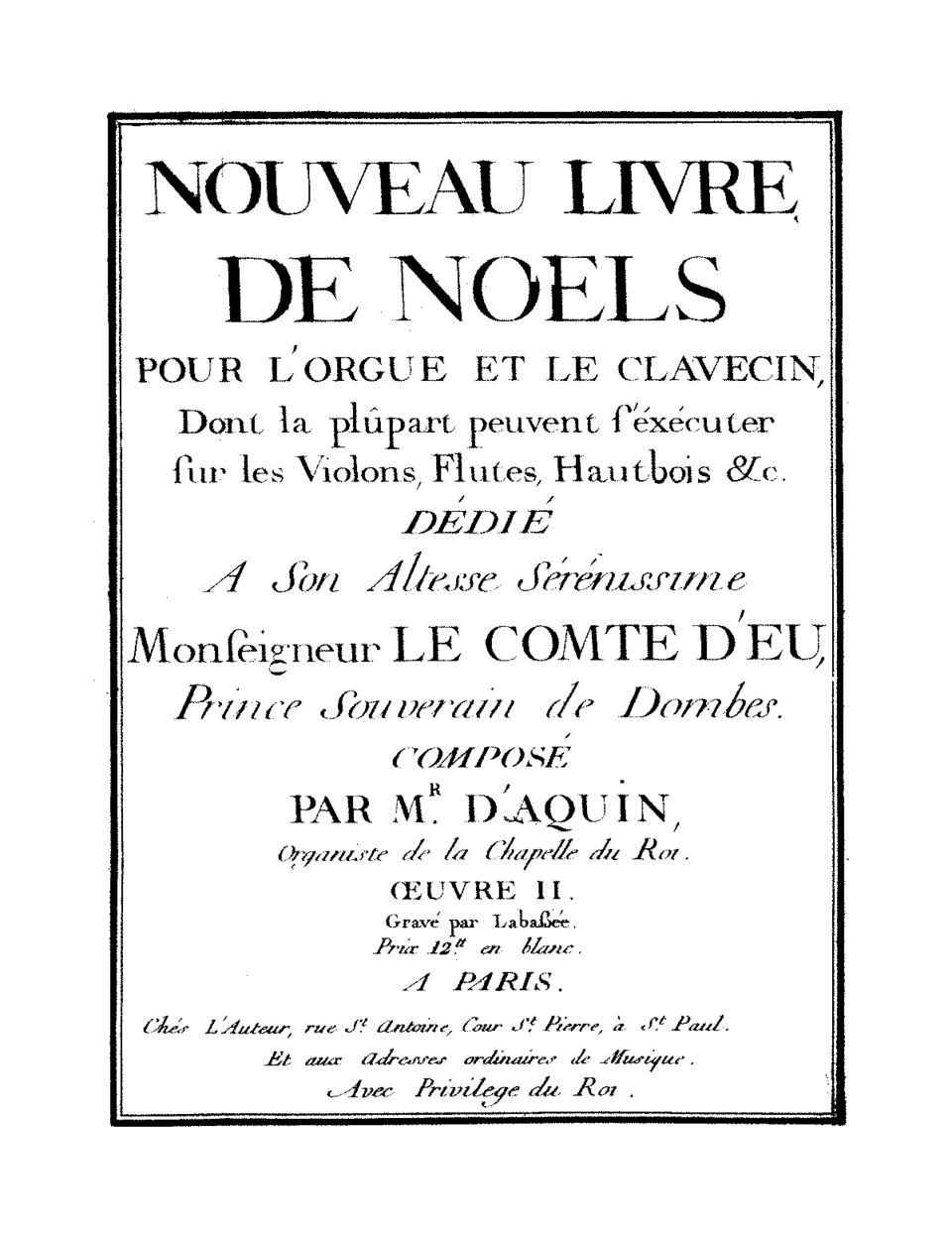 Title page of Daquin's Nouveau livre de Noëls