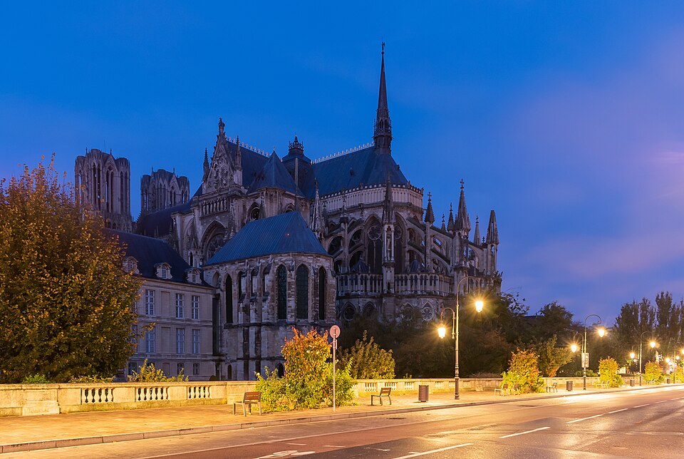 Reims Cathedral seen from the east at dusk