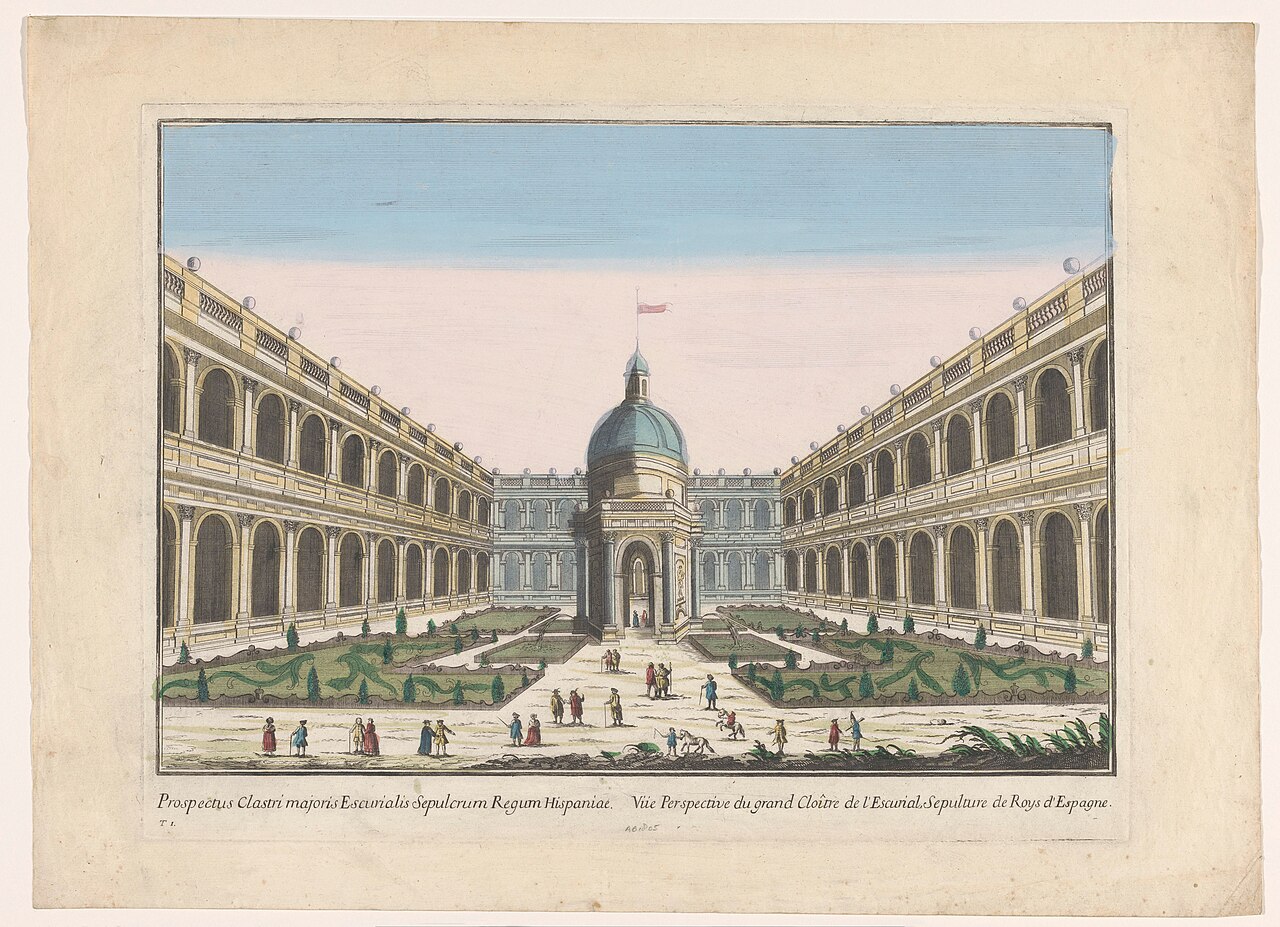 18th-century engraving of the great cloister of El Escorial