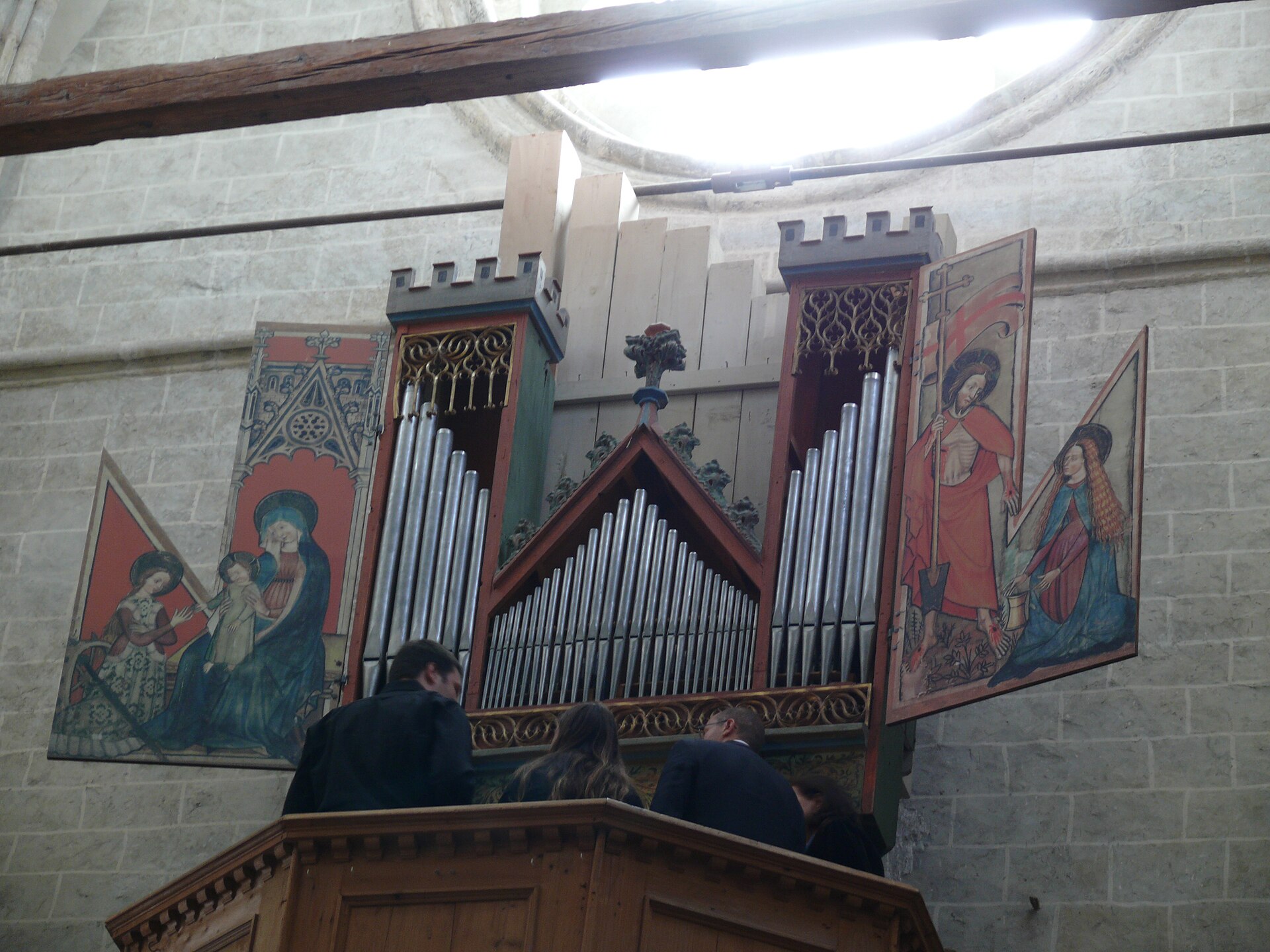 The painted medieval organ case in the basilica of Valère above Sion